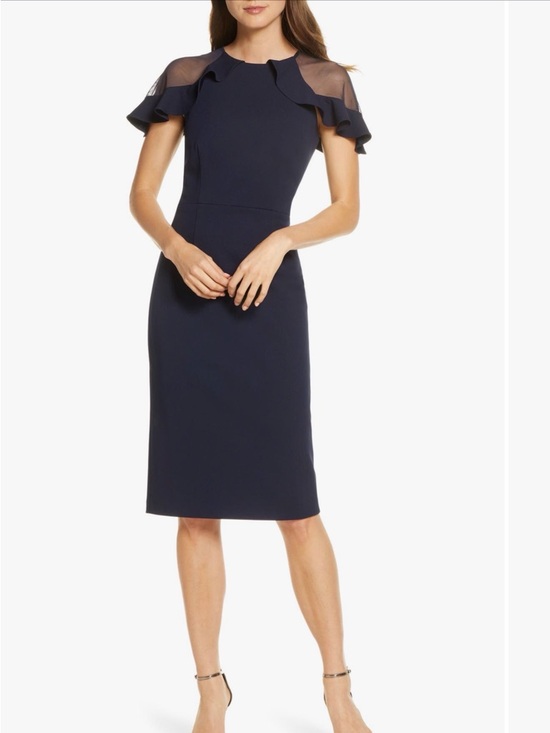 Eliza J Dresses & Skirts - Eliza J Sheer Ruffle Shoulder Cocktail Dress Navy Midi Scuba Crepe Size 8